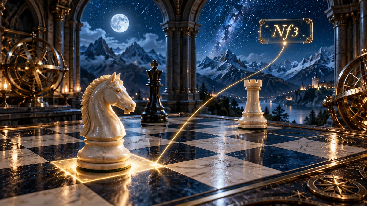 An ivory knight on an illuminated square is linked to the notation Nf3 in a moonlit observatory.