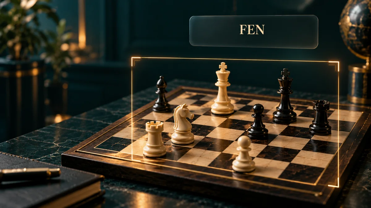 A framed chess position with a small FEN label in a richly lit study.