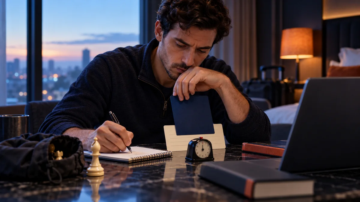 A player rehearses an opening decision with the answers covered and a clock nearby, checking recall before a tournament.