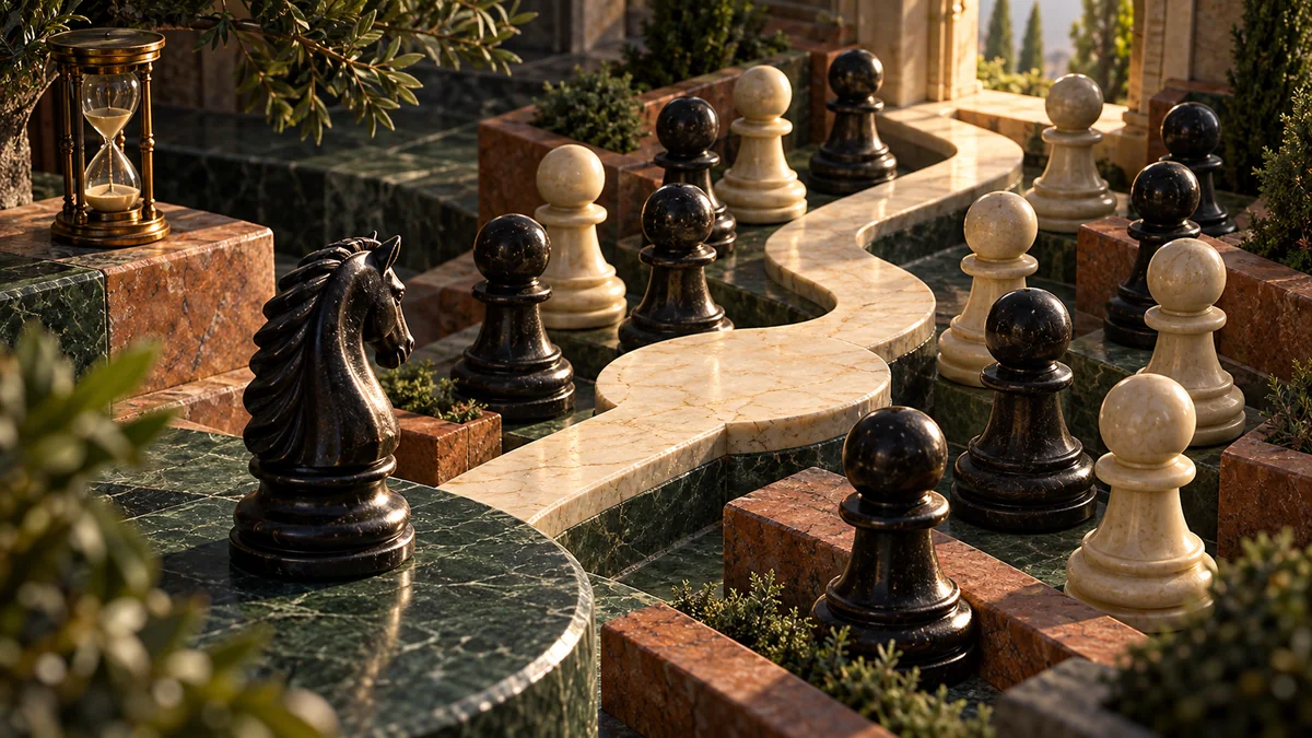 A knight faces a winding route around locked pawn formations, with a safe stopping place midway through its journey.