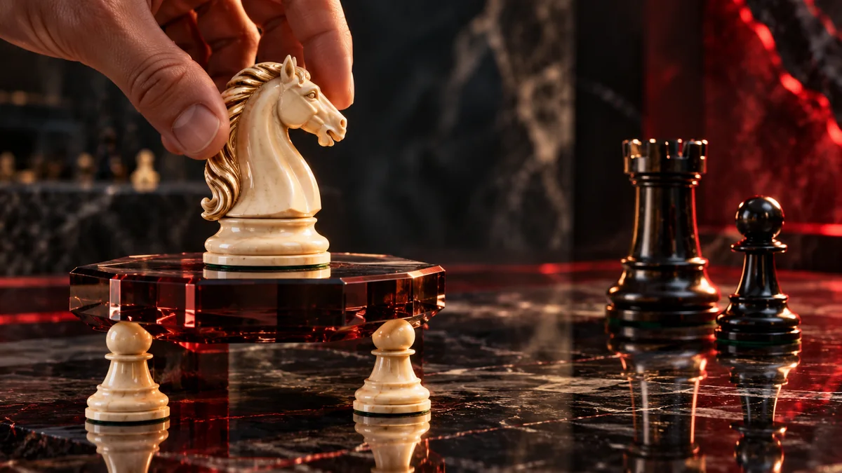A hand considers lifting a securely posted knight while an opposing rook waits beyond it, weighing the value of an exchange.