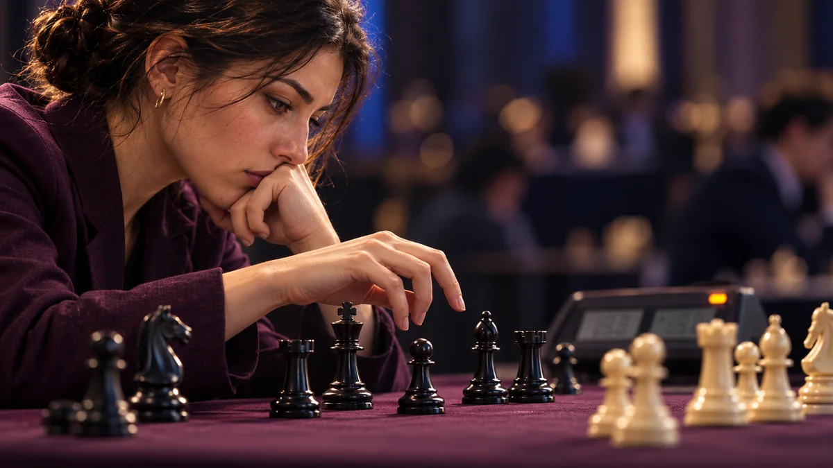 A player's hand hesitates above the pieces beside a running chess clock, illustrating the burden of having to move in a constrained middlegame.