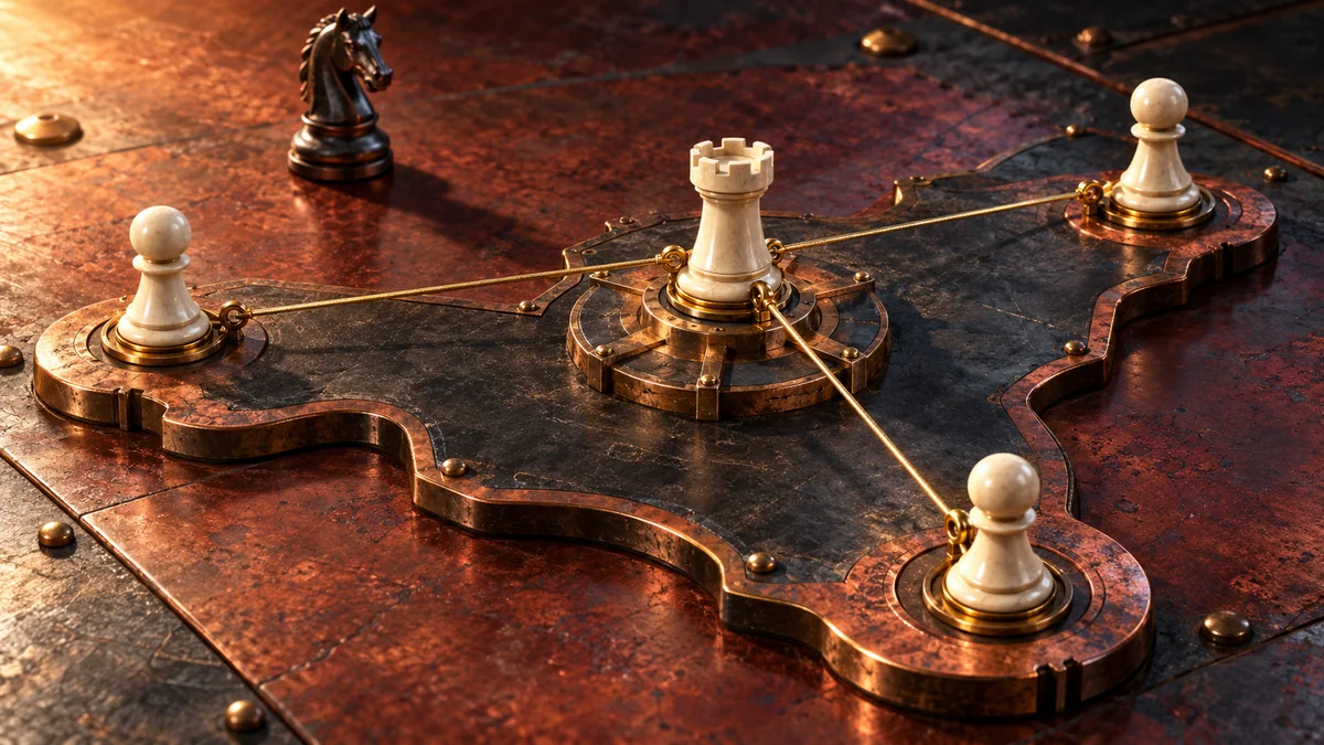 Widely separated advanced pawns stretch the support of a central rook in a sculptural metaphor for an overextended pawn front.