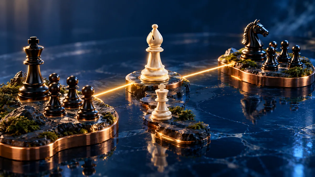 A central bishop connects two separated pawn fronts while a knight and king divide their local defensive tasks.