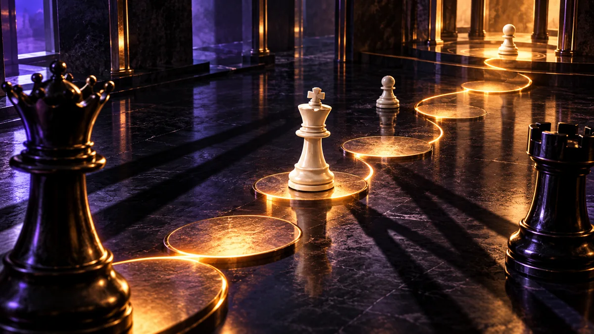 A king travels through a sequence of light pools while an opposing queen and rook cast threats across the route.