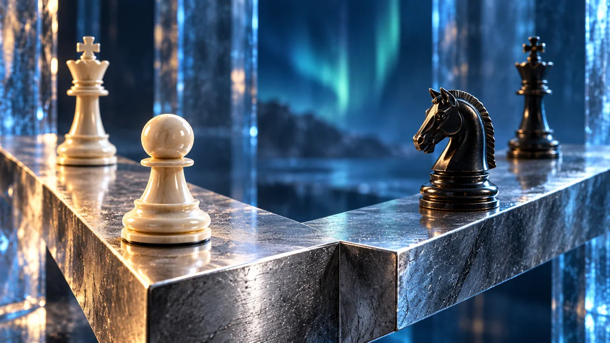 An edge pawn and a defending knight approach the same corner from different routes in a sculptural endgame metaphor.