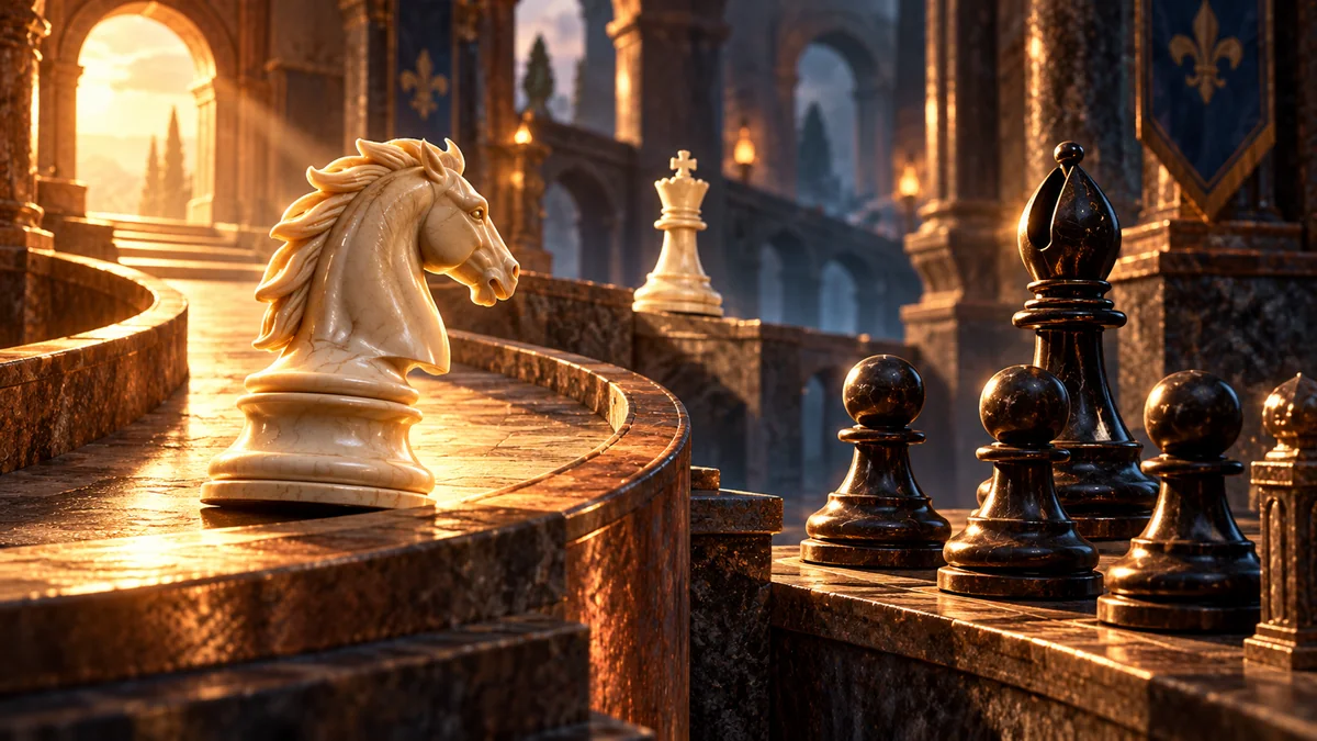 A knight has an open route while a bishop remains hemmed in by its own pawns, contrasting mobility with restriction.