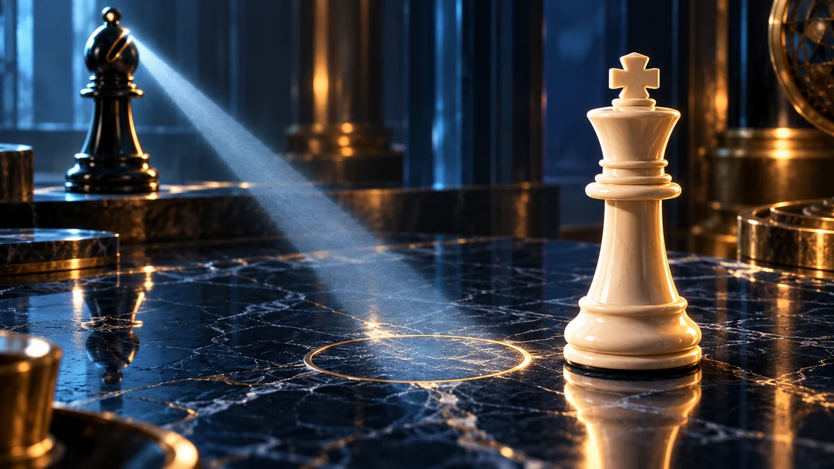 An ivory king stands just outside a narrow diagonal beam, suggesting a quiet sidestep off a dangerous alignment.