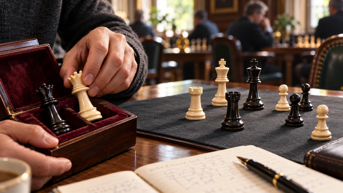 A player's hands put exchanged queens into a velvet case while the remaining rooks, kings and pawns indicate the simplified ending.