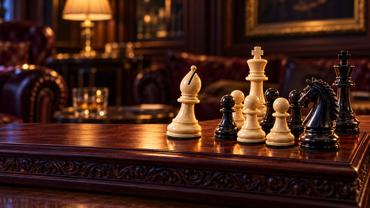 An ivory bishop and ebony knight face a compact pawn group arranged on one side of a plain study plinth.