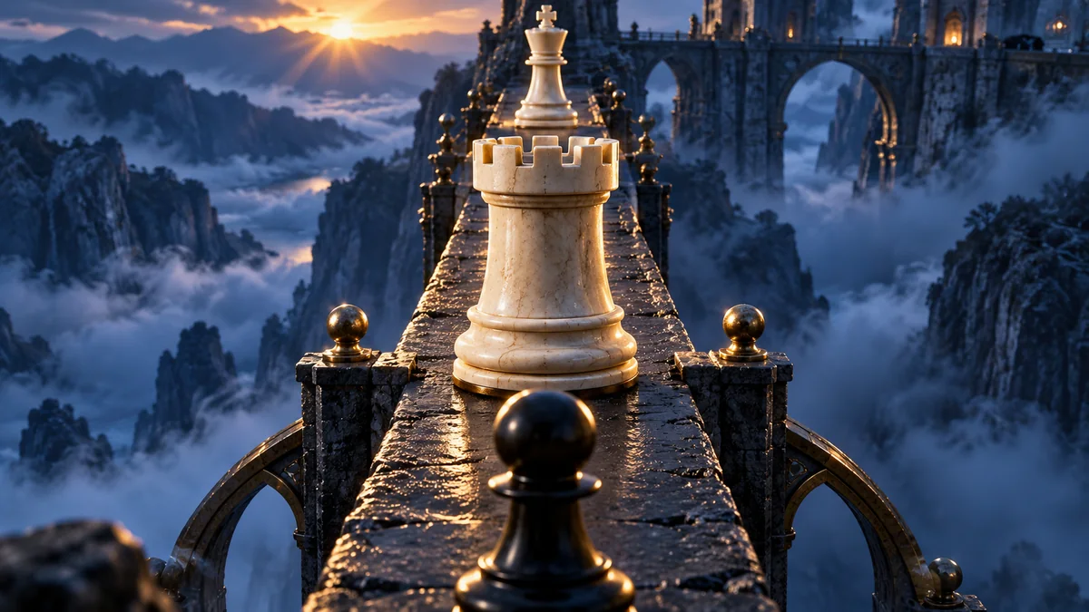 A sculptural ivory rook blocks a pawn on a narrow causeway while its king approaches to help.