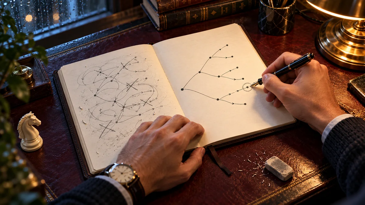 An analyst replaces repetitive calculation loops with an organized decision tree in a study notebook.