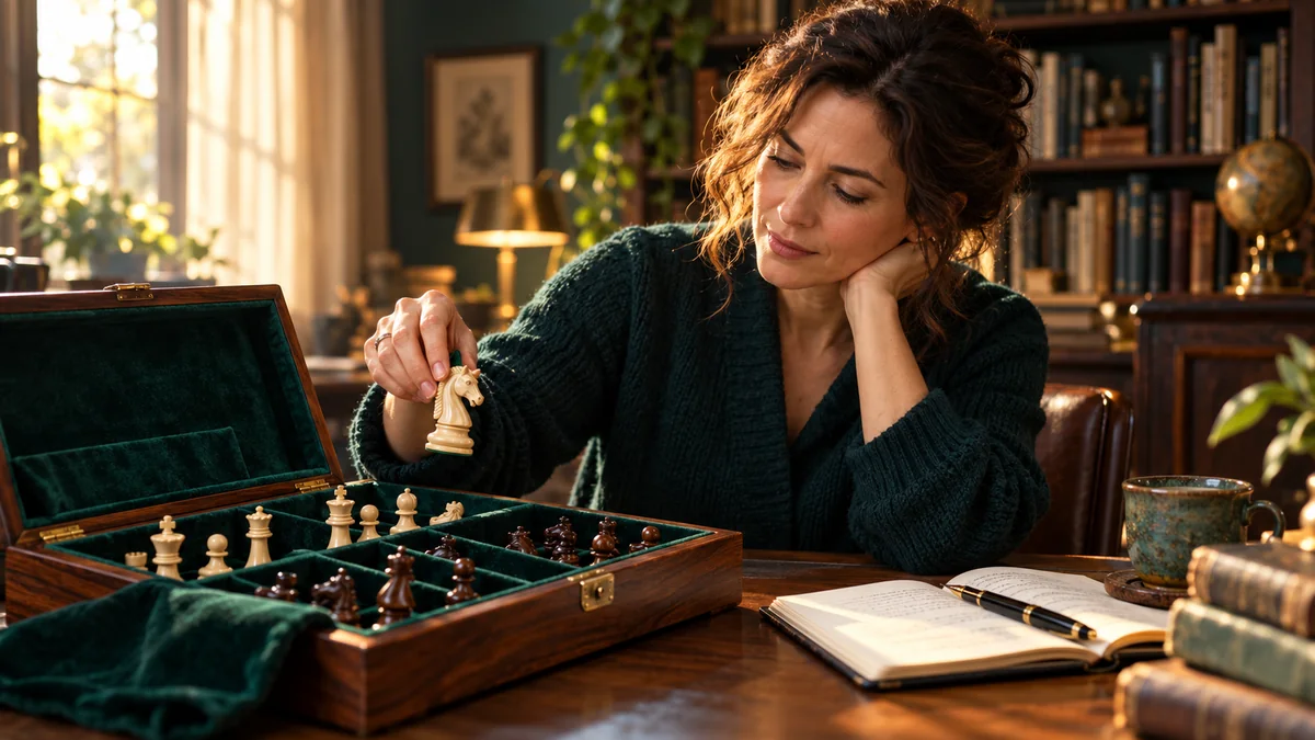 A woman reopens a well-loved chess set and lifts out a knight, returning to chess after a long break.