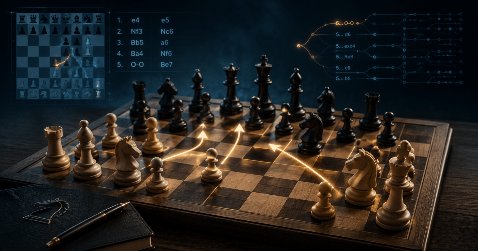 Chess opening repertoire organized around main lines, sidelines, and middlegame plans