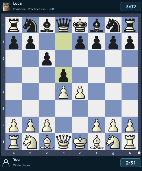 Academy Play game against Luca with the chessboard, player colours and game clocks